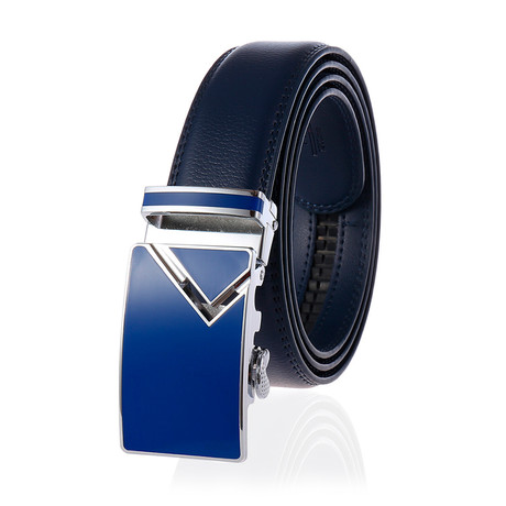 Isaac // Leather Automatic Belt //  Blue Buckle + Blue Belt