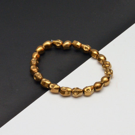 Gold Hematite Skull Beaded Bracelet // Gold