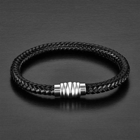 Polished Woven Braided Leather Bracelet // Black + Silver