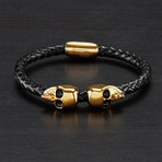 Braided Leather + Gold Plated Skulls Bracelet // Black + Yellow