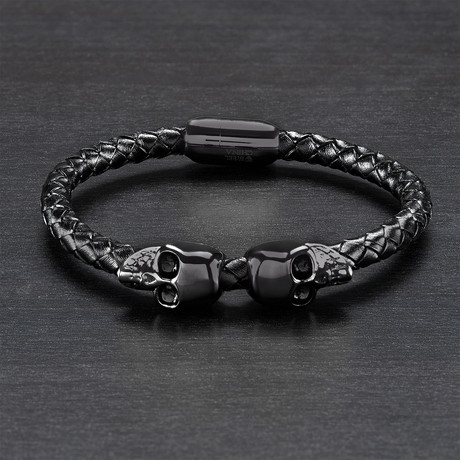 Skulls Braided Leather Bracelet // Black