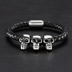 Triple Skull Braided Leather Bracelet // Black