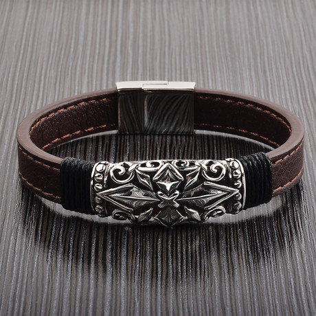 Antiqued Cross ID Leather Bracelet // Brown
