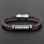 Textured Beaded ID Leather Bracelet // Brown + White