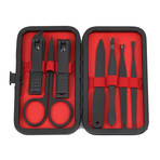 7-Piece Manicure + Pedicure Set // Black Gunmetal Chrome + Red Lining + Black Matte Leather Case