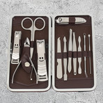 12-Piece Manicure + Pedicure Set // Stainless Steel + Brown Leather Case