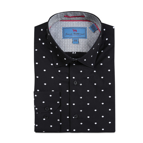 Spread Collar Woven Polka Dot Shirt // Black (S)