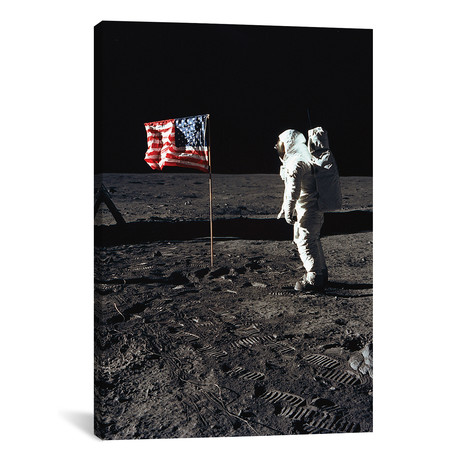 American Astronaut Edwin "Buzz" Aldrin walking on the moon on July 20, 1969 during Apollo 11 mission // Rue Des Archives (12"W x 18"H x 0.75"D)