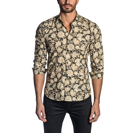 Leo Floral Long Sleeve Shirt // Black + Gold (S)