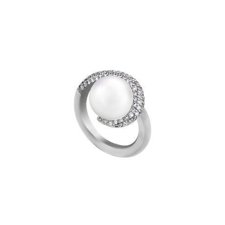 Gubelin 18k White Gold Pearl + Diamond Ring // Ring Size: 8