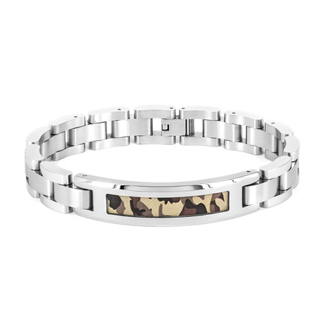 Stainless Steel Polished Camouflage ID Link Bracelet // Brown + Silver