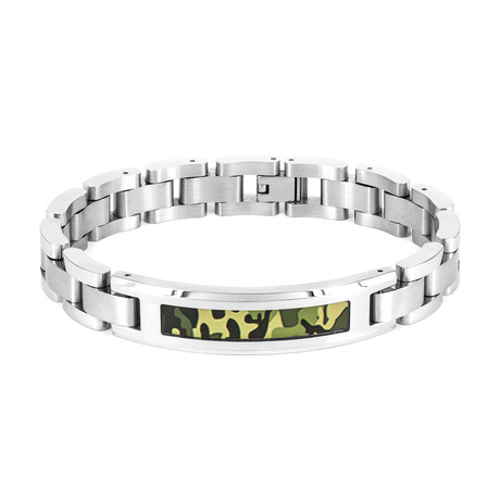 Stainless Steel Polished Camouflage ID Link Bracelet // Green + Silver