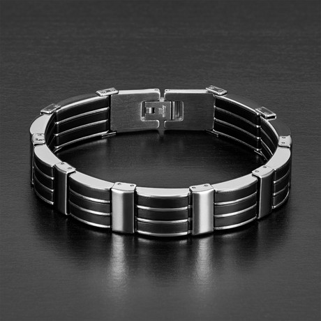 Two Tone SS Polished Rubber Inlay Link Bracelet // Silver + Black