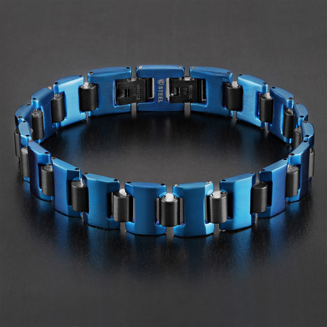 IP Dual Finish Cylinder Link Bracelet // Blue + Black