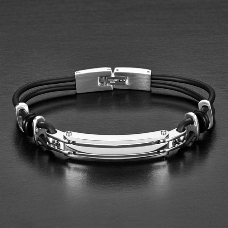 Stainless Steel Slit ID Plate Rubber Bracelet // Black + Silver