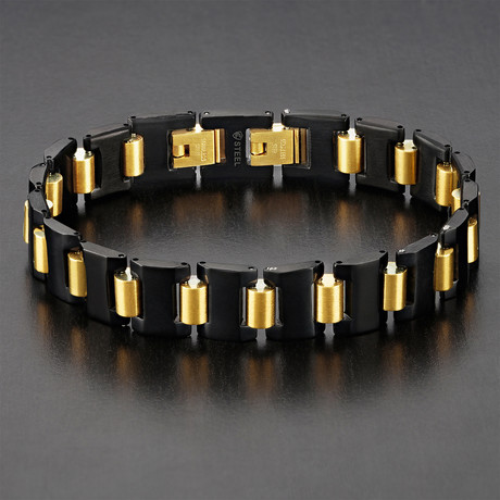 IP Dual Finish Stainless Steel Cylinder Link Bracelet // Black + Gold