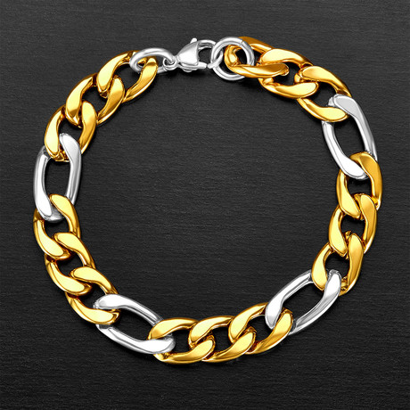 Gold IP Two Tone Polished Figaro Chain Bracelet // Gold + Silver