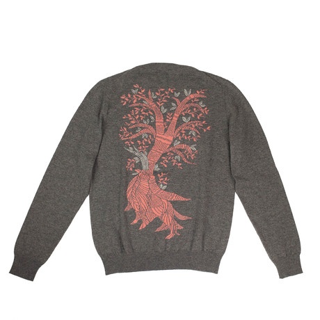 Cashmere Tree Design Sweater // Gray + Coral + Gray (S)