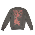 Cashmere Tree Design Sweater // Gray + Coral + Gray (M)