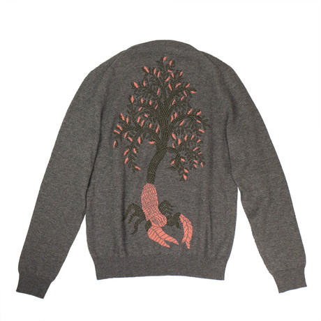 Cashmere Tree Design Sweater // Gray + Coral + Green (S)