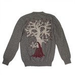Cashmere Tree Design Sweater // Gray + Maroon + Tan (L)