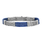 Men's Byzantine Chain + Leather Bracelet // Silver + Blue