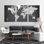 Modern Detailed 3 Piece Canvas World Push Pin Map (60"W x 30"H)