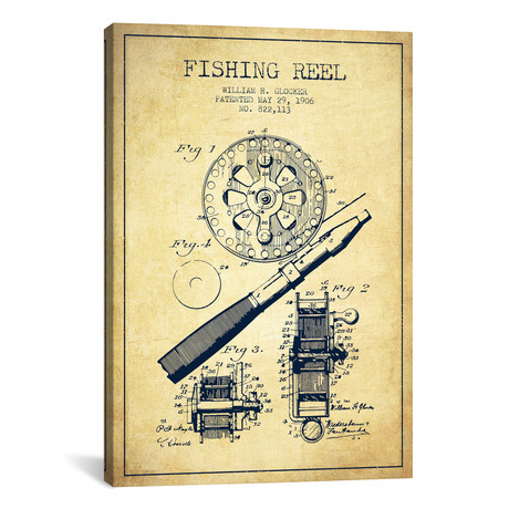 Fishing Reel Vintage Patent Blueprint // Aged Pixel (18"W x 26"H x 0.75"D)
