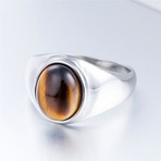 Tiger Eye Oval Shape Mini Signet Ring // White (Size 7)
