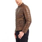 Crater Buttoned Collar Leather Jacket // Brown (3XL)