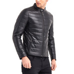 Crater Buttoned Collar Leather Jacket // Black (M)