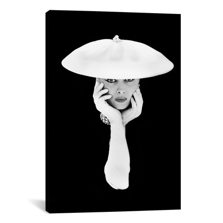 1950s Glamorous Woman Long White Gloves And Hat Against Dark Background Looking At Camera // Vintage Images (12"W x 18"H x 0.75"D)