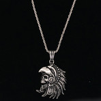 Solid Sterling Silver Indian Skull Pendant Necklace + 24" Rope Chain