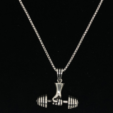 Solid Sterling Silver Dumbbell Rep Necklace + 22" Round Box Chain