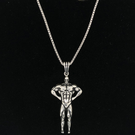 Solid Sterling Silver Muscle Man Necklace + 22" Round Box Chain