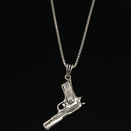 Solid Sterling Silver Vintage Pistol Necklace + 22" Round Box Chain