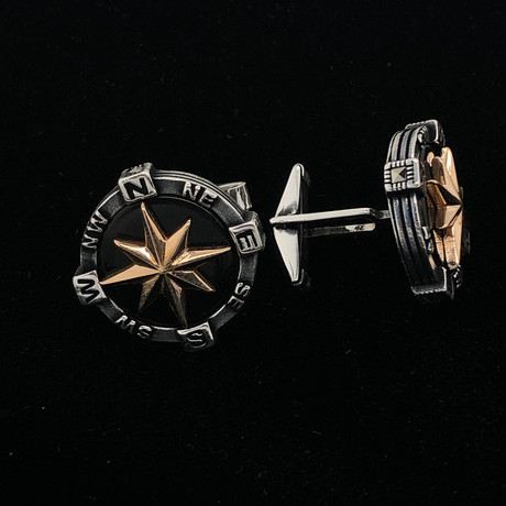 925 Solid Sterling Silver Black Onyx Compass Cufflinks