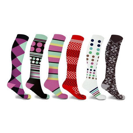 Fun Patterned Knee High Compression Socks // 6-Pairs (Large / X-Large ...