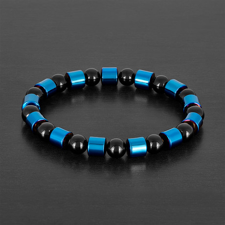 Hematite + Onyx Stone Beaded Stretch Bracelet (Blue Plated)