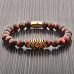 Tiger Eye Stone + Stainless Steel Accent Beaded Bracelet // Black + Gold + Red