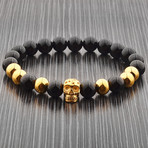 Onyx Stone + Stainless Steel Skull Beaded Bracelet // Black + Gold