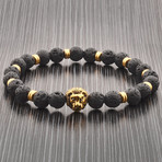 Lava Stone + Stainless Steel Lion Head Beaded Bracelet // Black + Gold