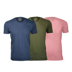 Semi-Fitted Crew Neck T-Shirt // Navy + Military Green + Light Pink // Pack of 3 (S)