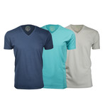 Semi-Fitted V Neck T-Shirt // Navy + Turquoise + Sand // Pack of 3 (L)