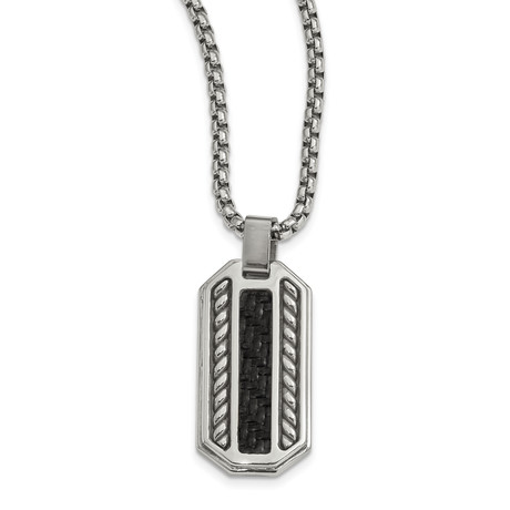 Stainless Steel + Carbon Fiber Dog Tag Pendant Necklace