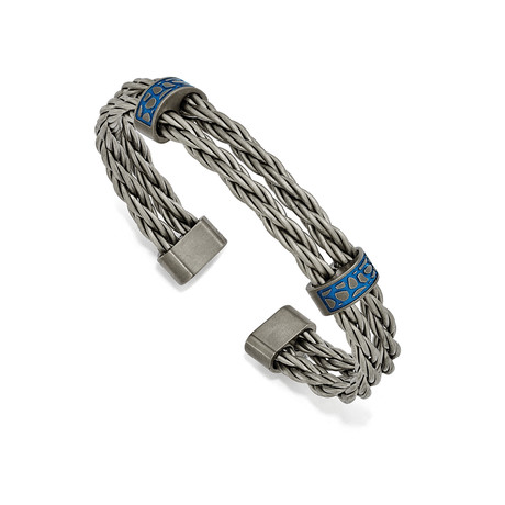 Titanium Brushed Cable + Blue Anodized Stations Cuff Bracelet