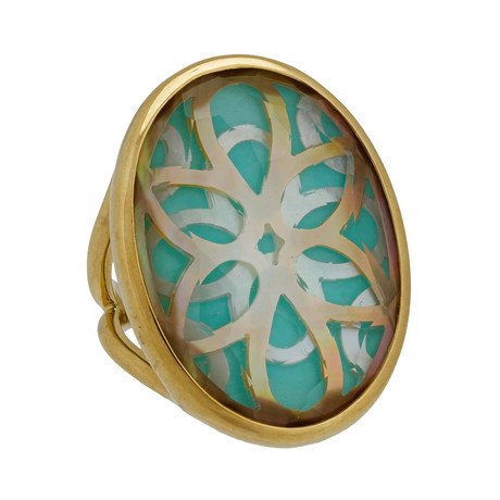Ippolita Polished Rock Candy 18k Yellow Gold Quartz Mother of Pearl + Turquoise Ring // Ring Size: 7