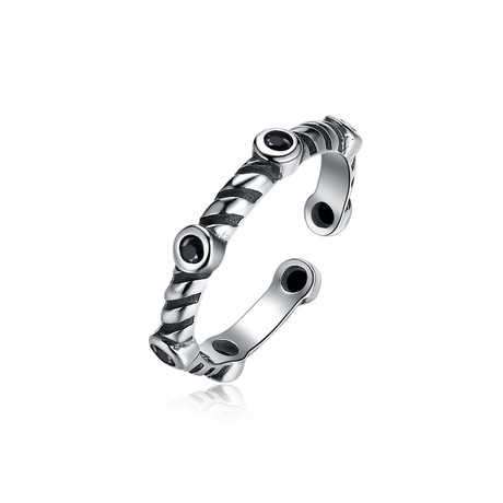 Sterling Silver Black Gem Twisted Design Adjustable Ring