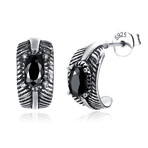 Sterling Silver Black Gem Curved Feather Earrings