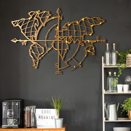 World Map Compass // Gold + LED Light